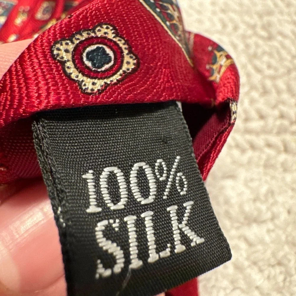 Evan Picone Tie Red Art Deco Medallion Monogram Geometric Silk Old Money USA